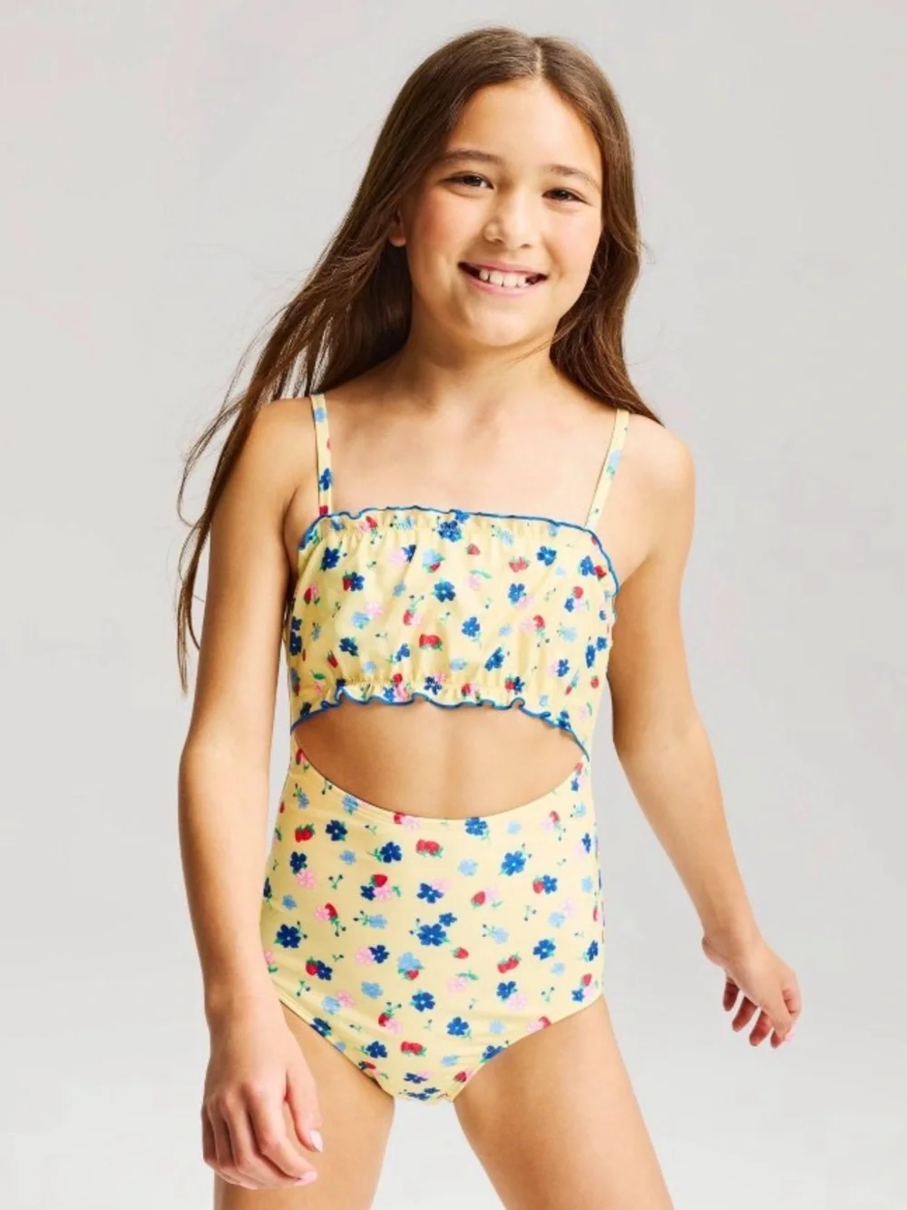 Cat & Jack Yellow Floral Cutout One-Piece Swimsuit with Blue Trim
